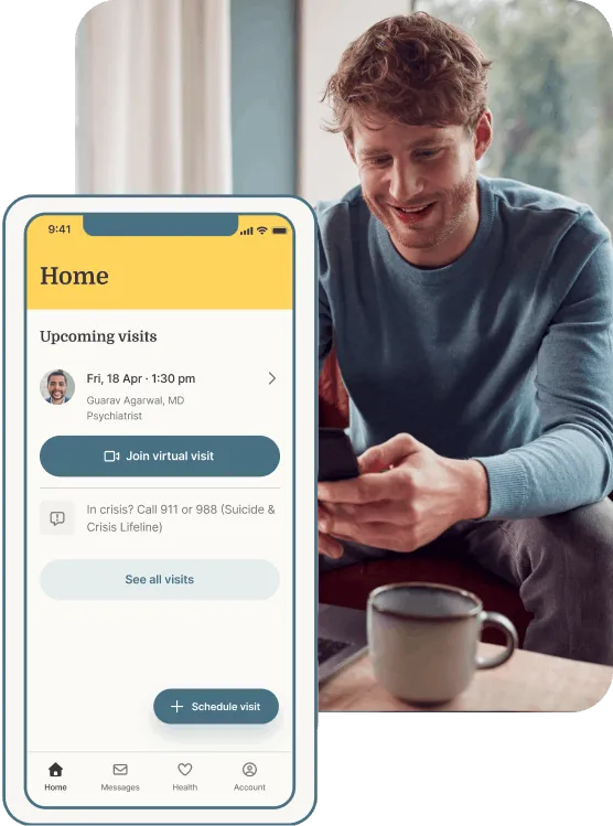 Man using a healthcare app to check upcoming visits and join a virtual appointment from home