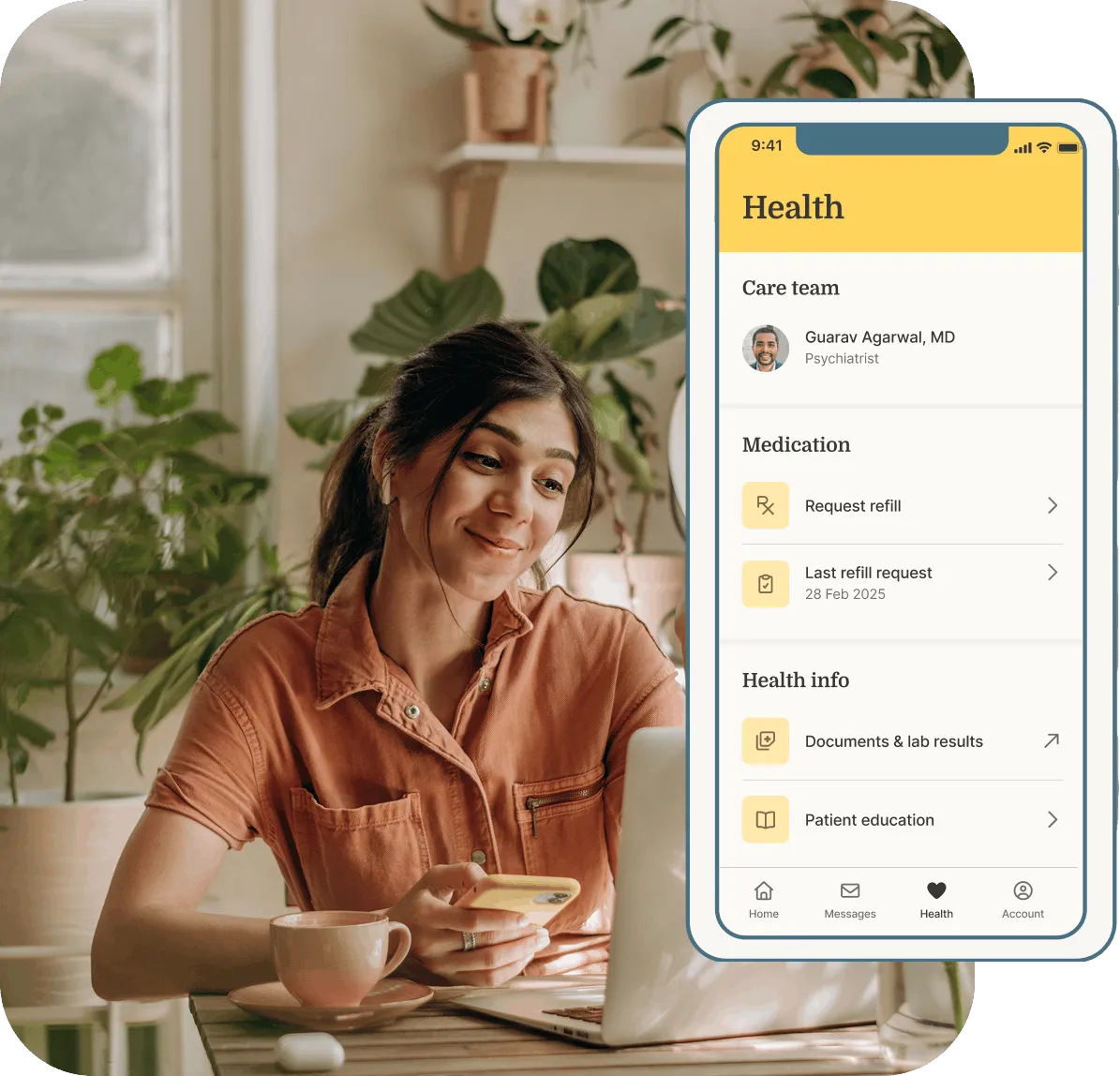 Woman smiling while writing in a notebook beside a mobile screen showing matched mental health providers