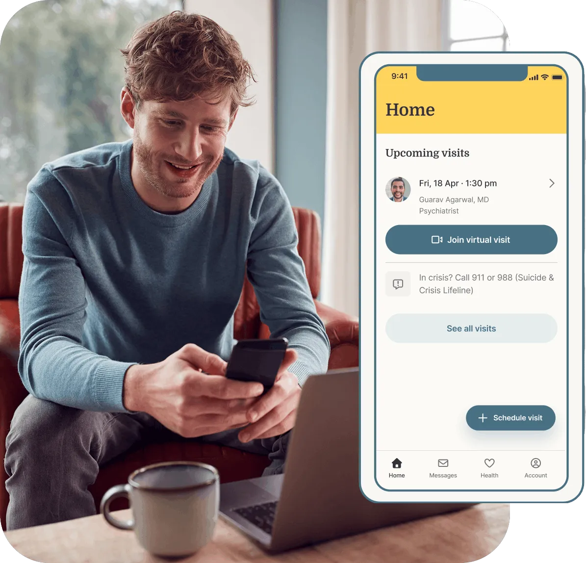 Man using a healthcare app to check upcoming visits and join a virtual appointment from home