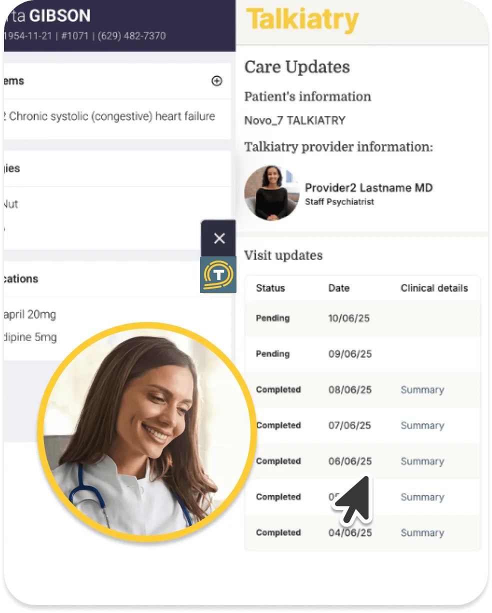 Healthcare interface showing Talkiatry care updates with patient info, provider photo, and visit status list.