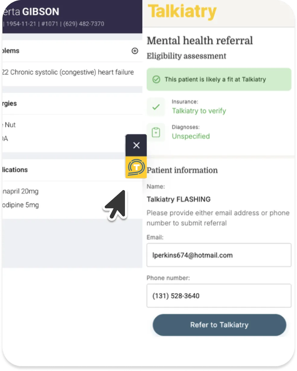 Mental health referral form on Talkiatry platform showing patient eligibility, insurance verification, and contact information fields with email and phone number filled.