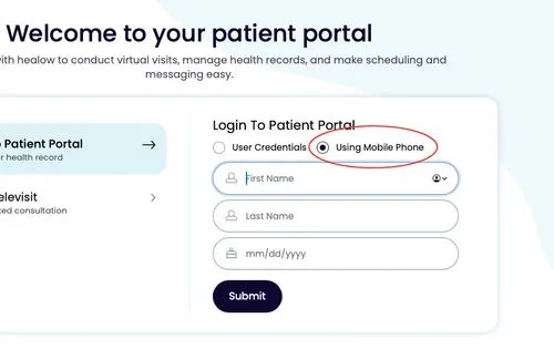 Visual screenshot of desktop login to Patient Portal