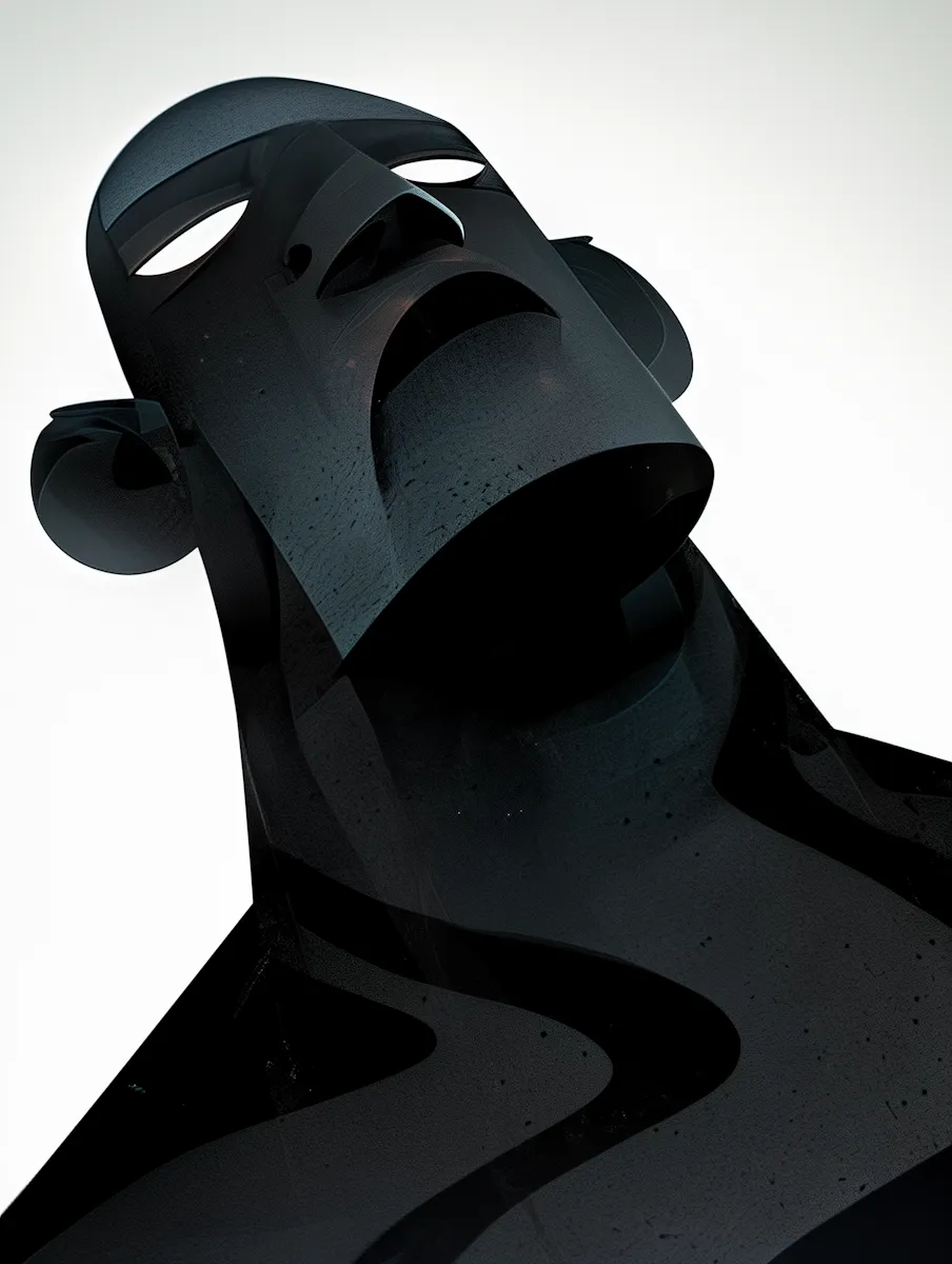 Print of a black sculpted head tilted back against white