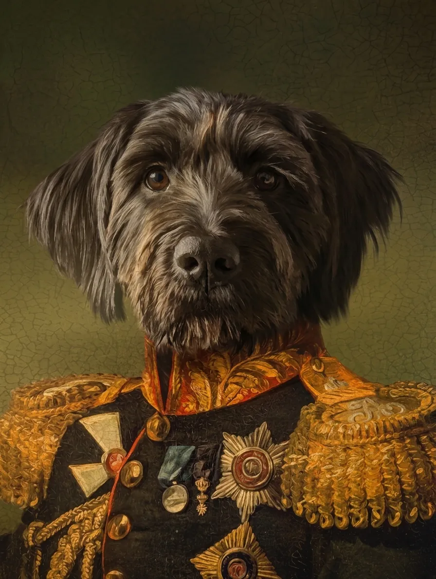 Painted portrait of a dog in a military dress uniform