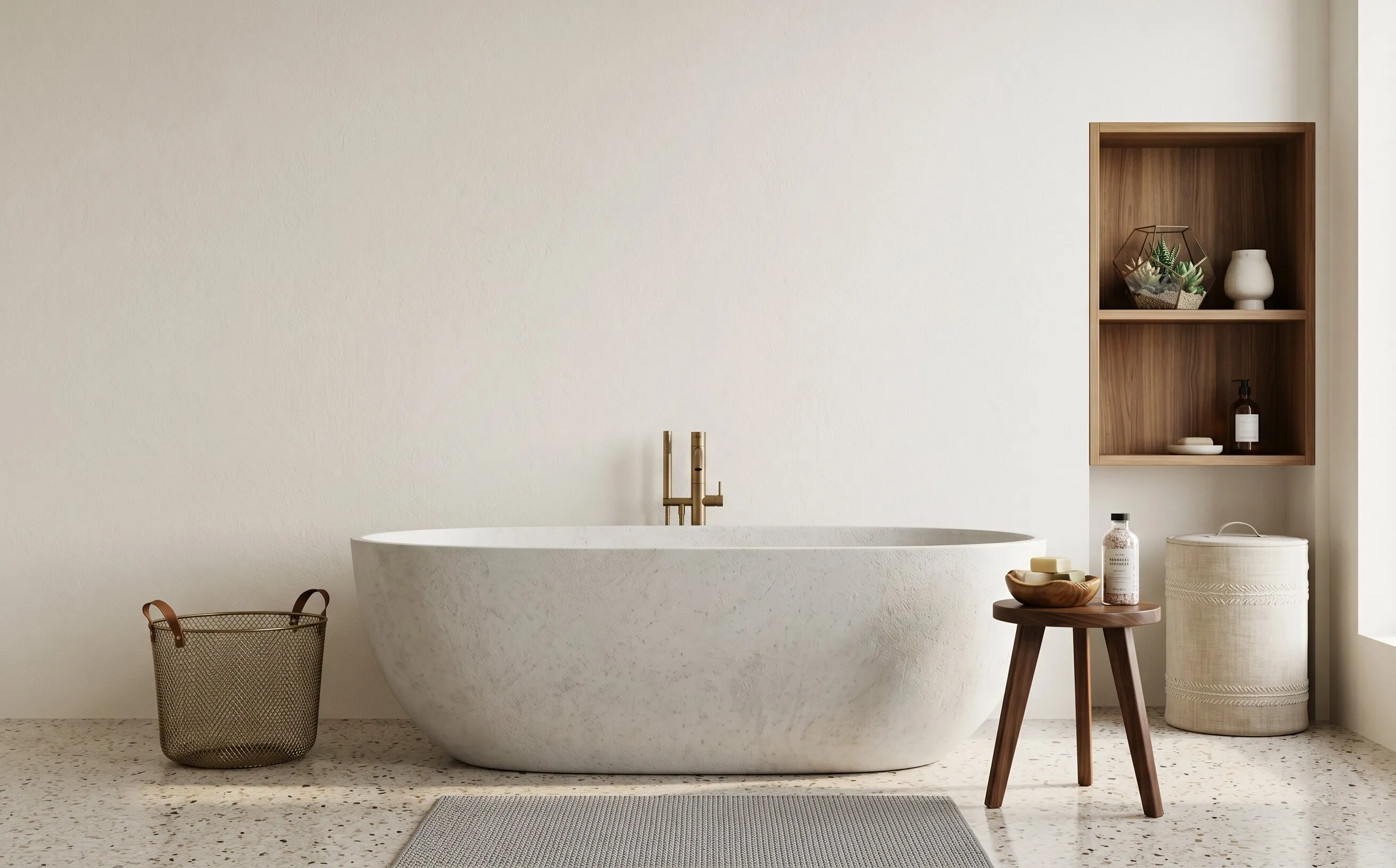 Ready-made bathroom in Curate, print above the bath