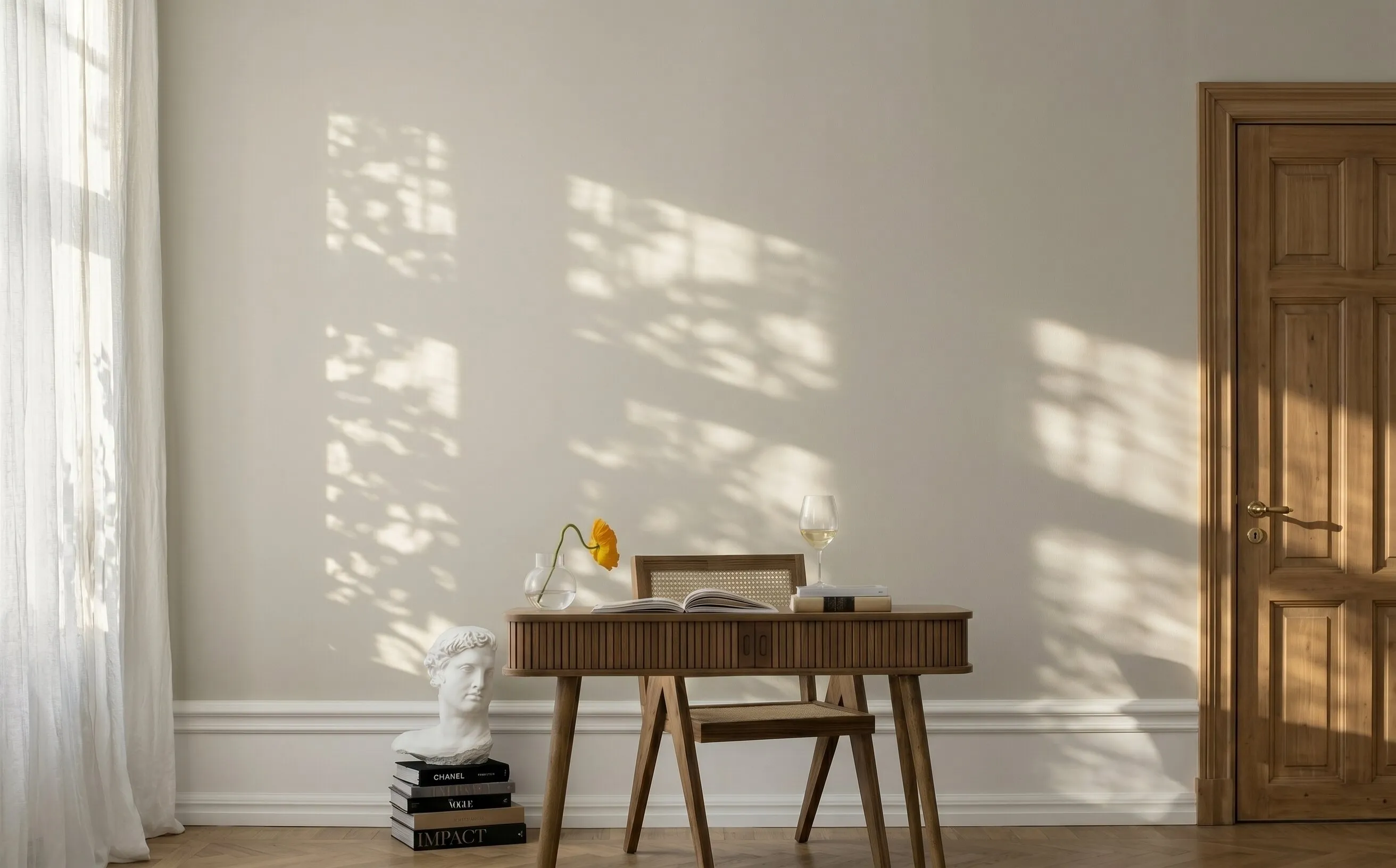 Ready-made home office in Curate, prints behind the desk