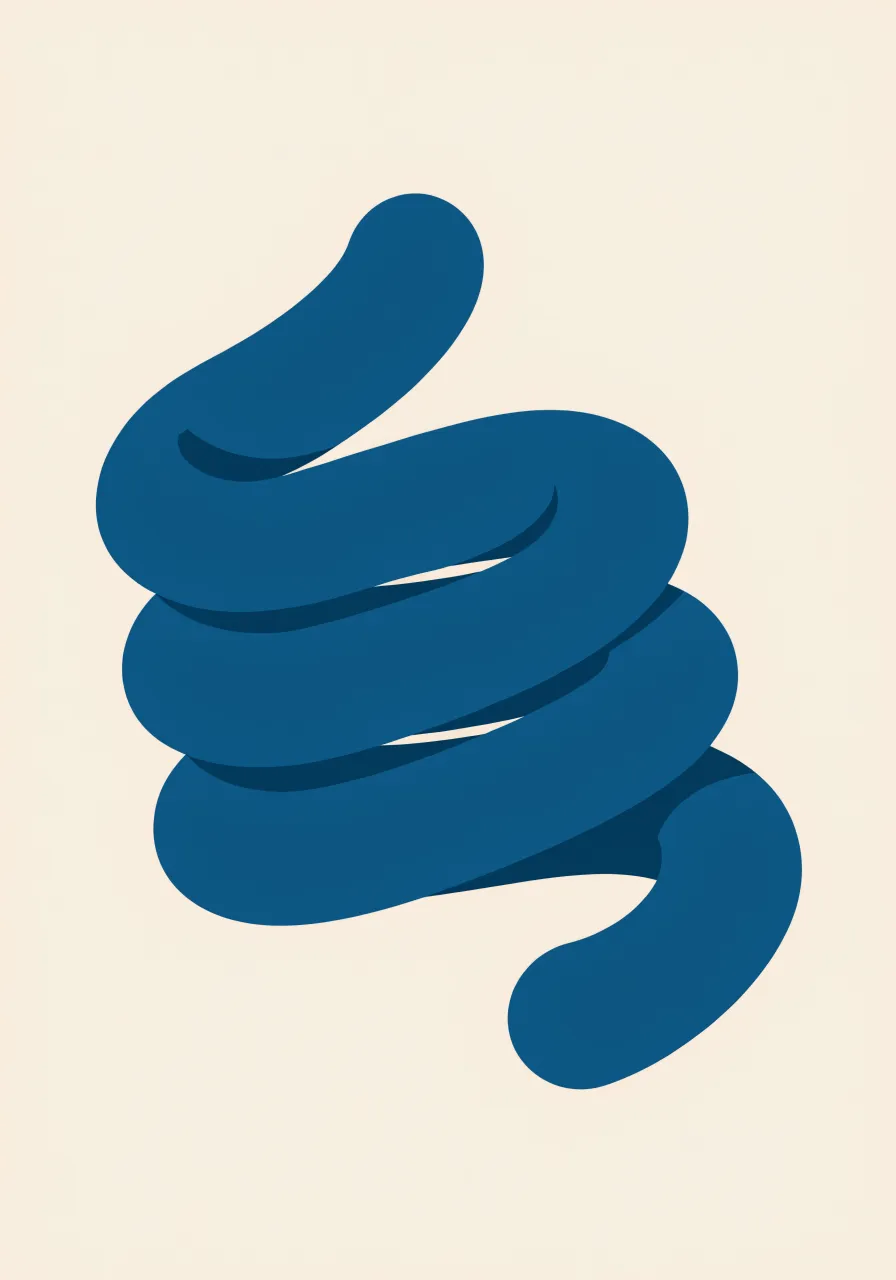Print of a blue coiled shape on cream