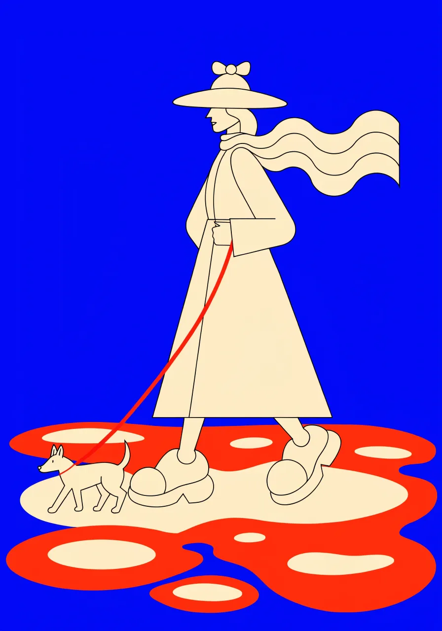 Print of a woman in a hat walking a small dog on red and blue