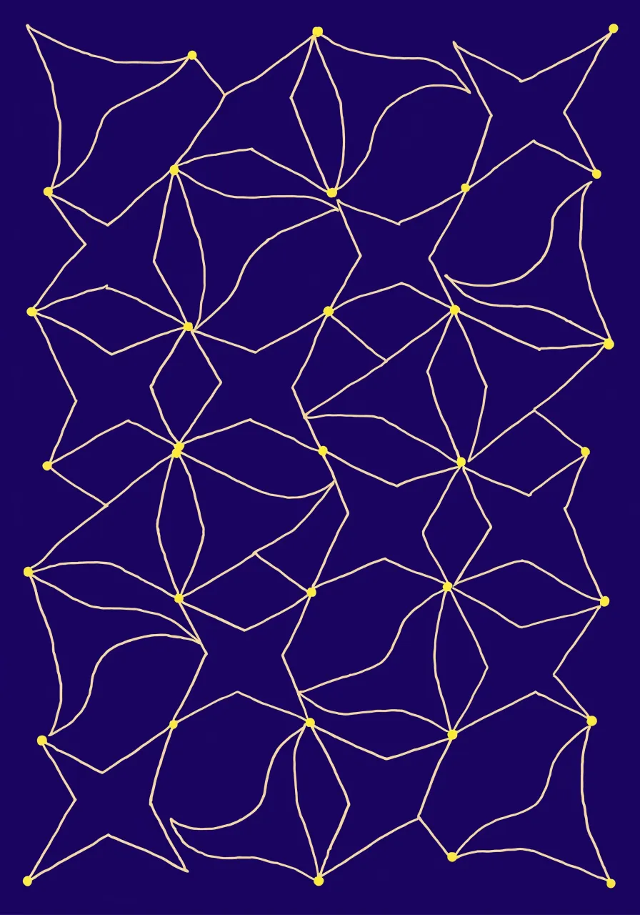 Print of gold star-shaped lines on deep blue