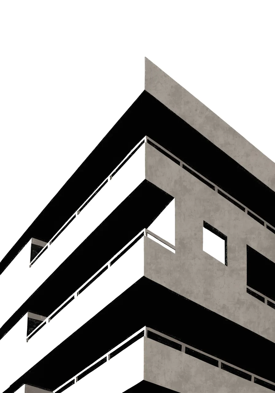 Print of a black and white apartment block