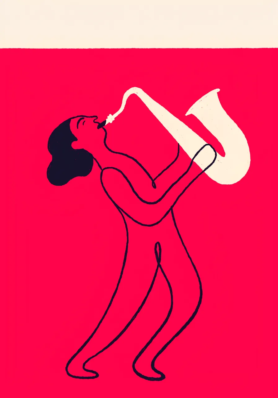 Print of a woman playing saxophone on pink