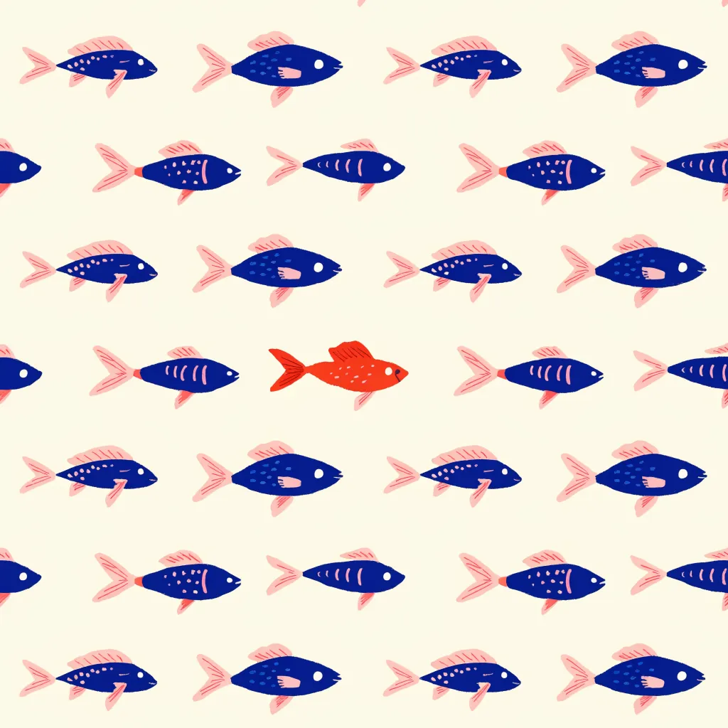 Print of rows of blue fish with one red fish swimming the other way