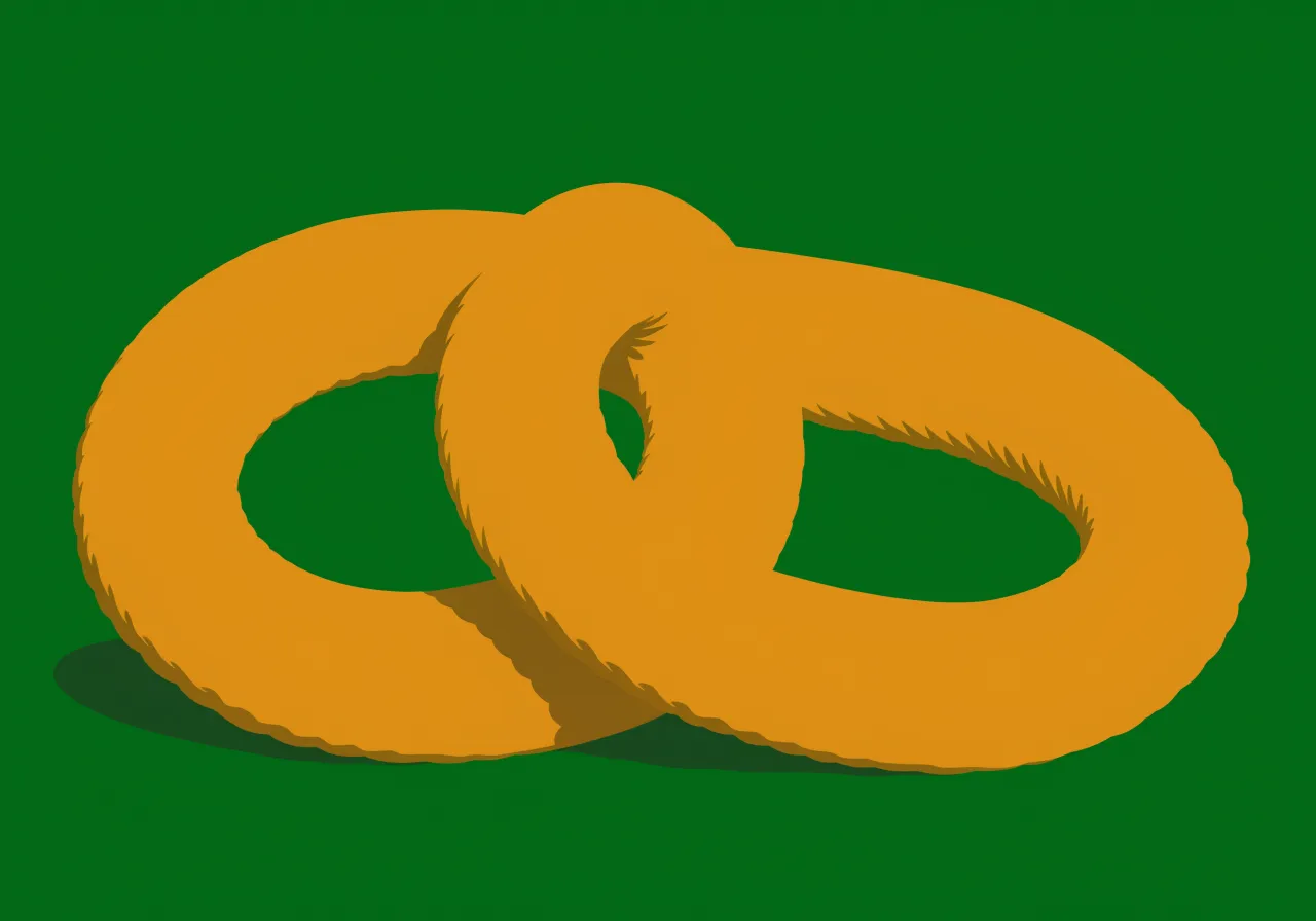 Print of two linked orange rings on a green background