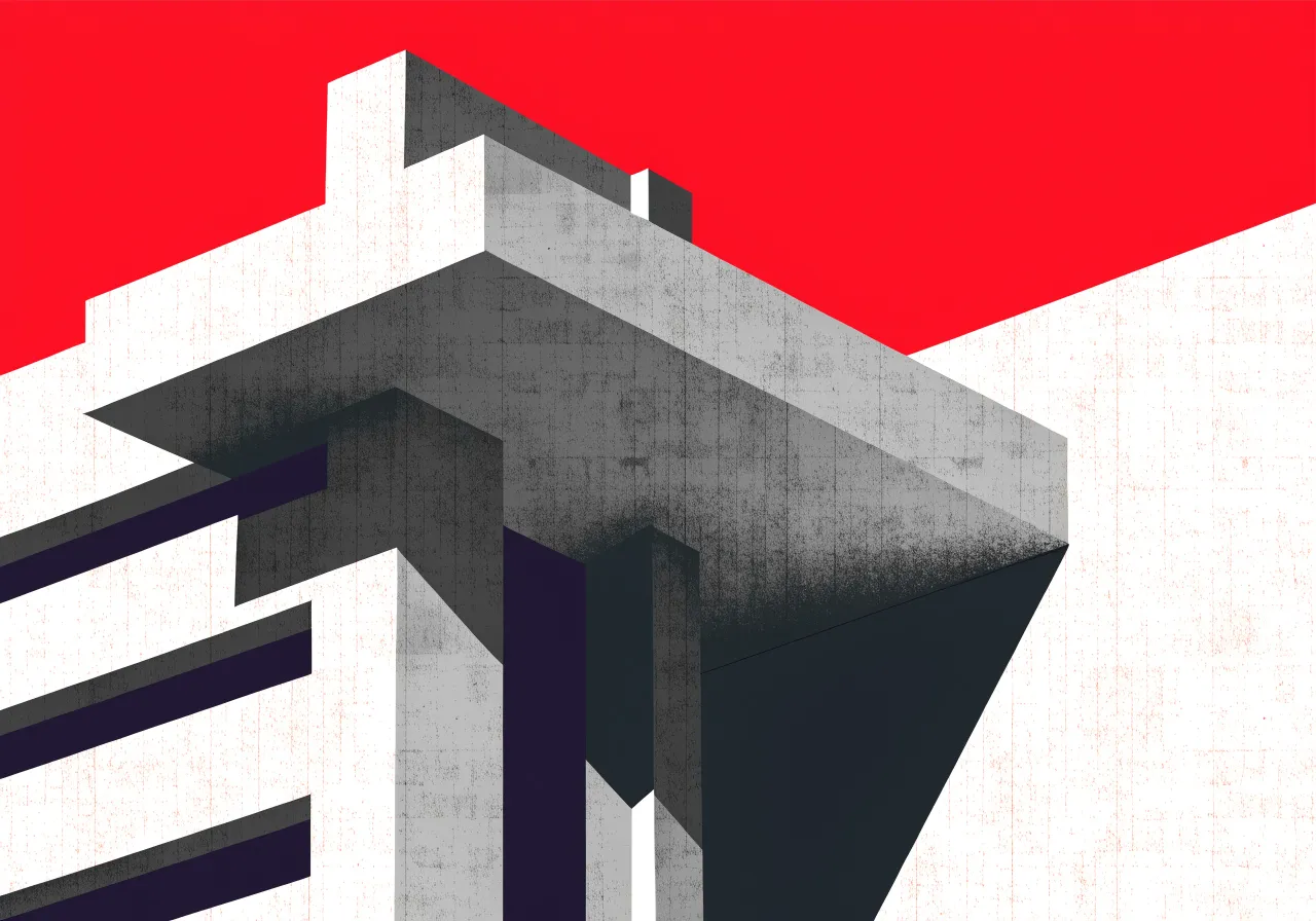 Print of a concrete building against a red sky