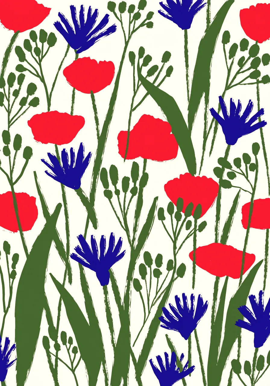 Print of red poppies and blue cornflowers