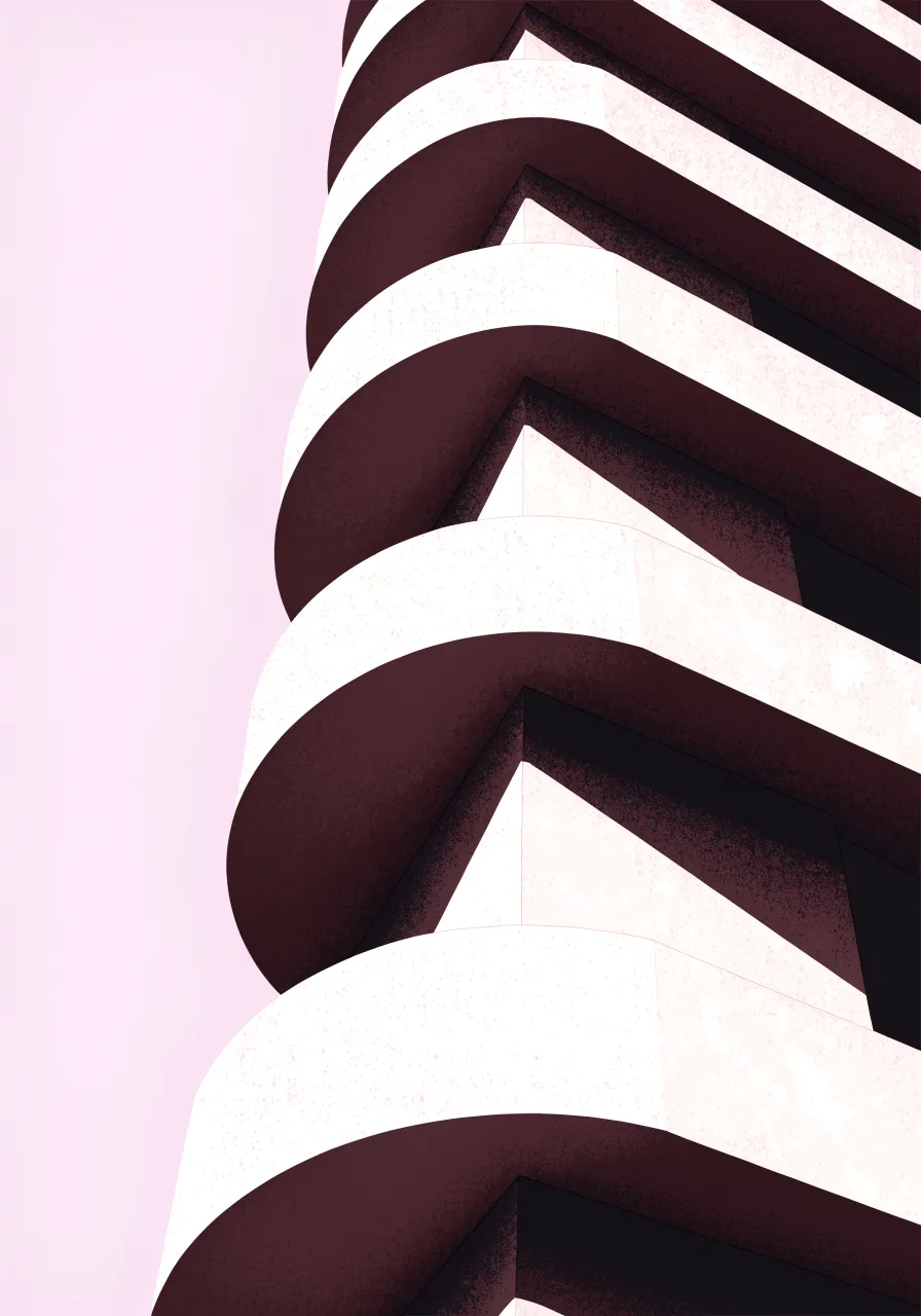 Curved balconies against a pink sky