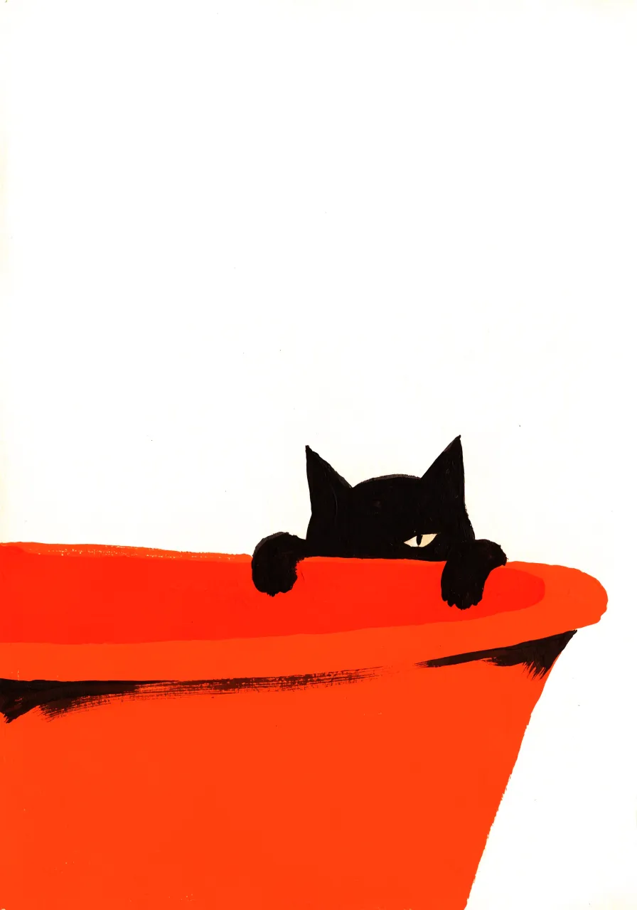 Print of a black cat peeking over an orange bathtub