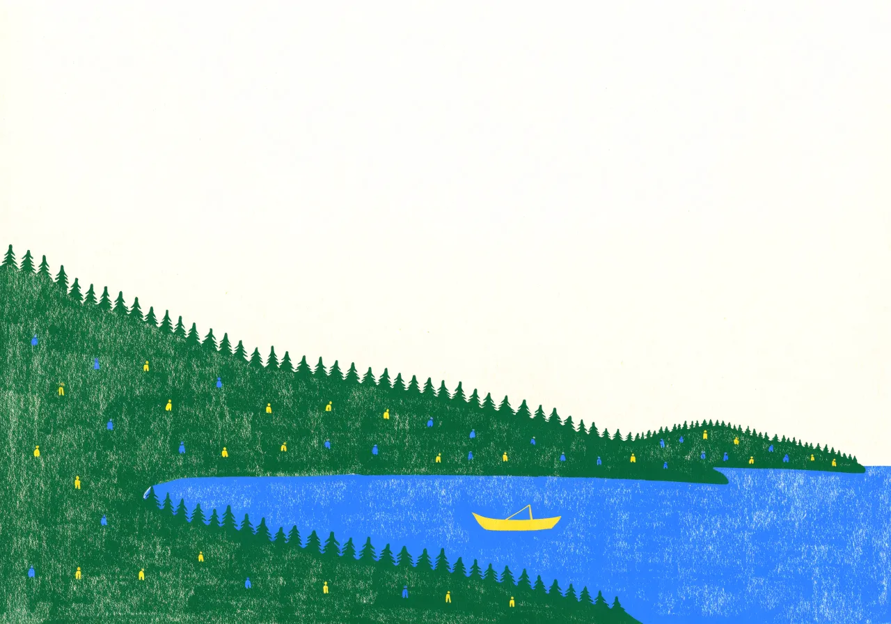 Print of a yellow boat on a blue lake below green hills