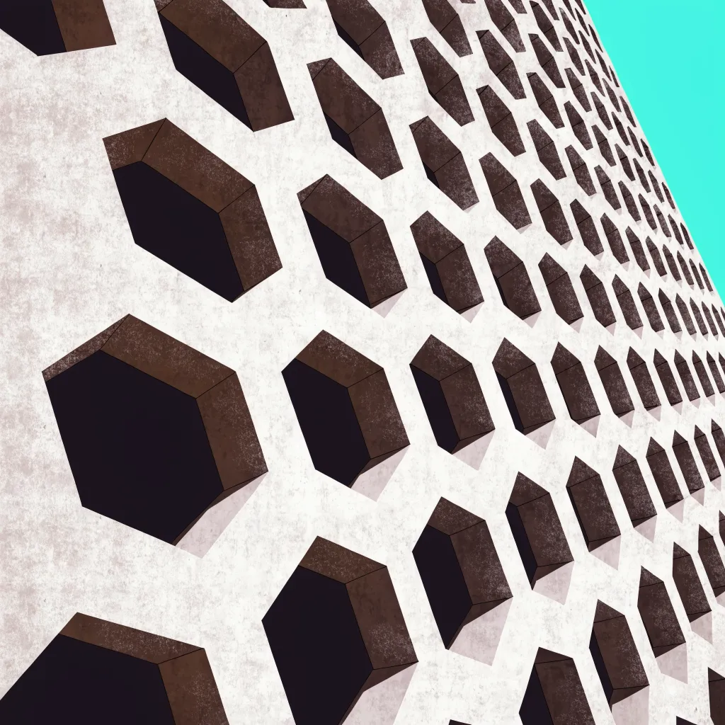 Print of a honeycomb concrete facade against a turquoise sky