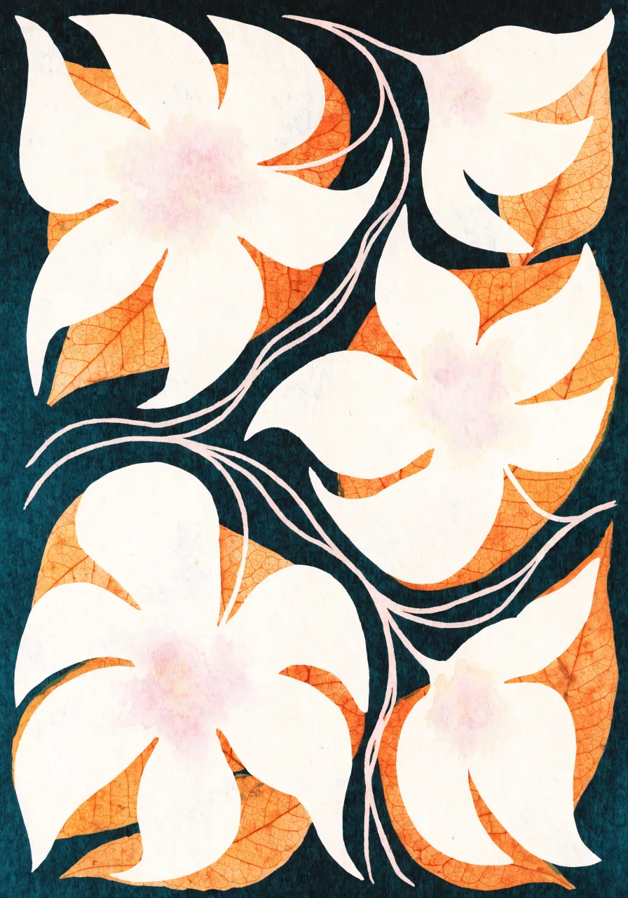 Print of pale flowers and orange leaves on a dark background