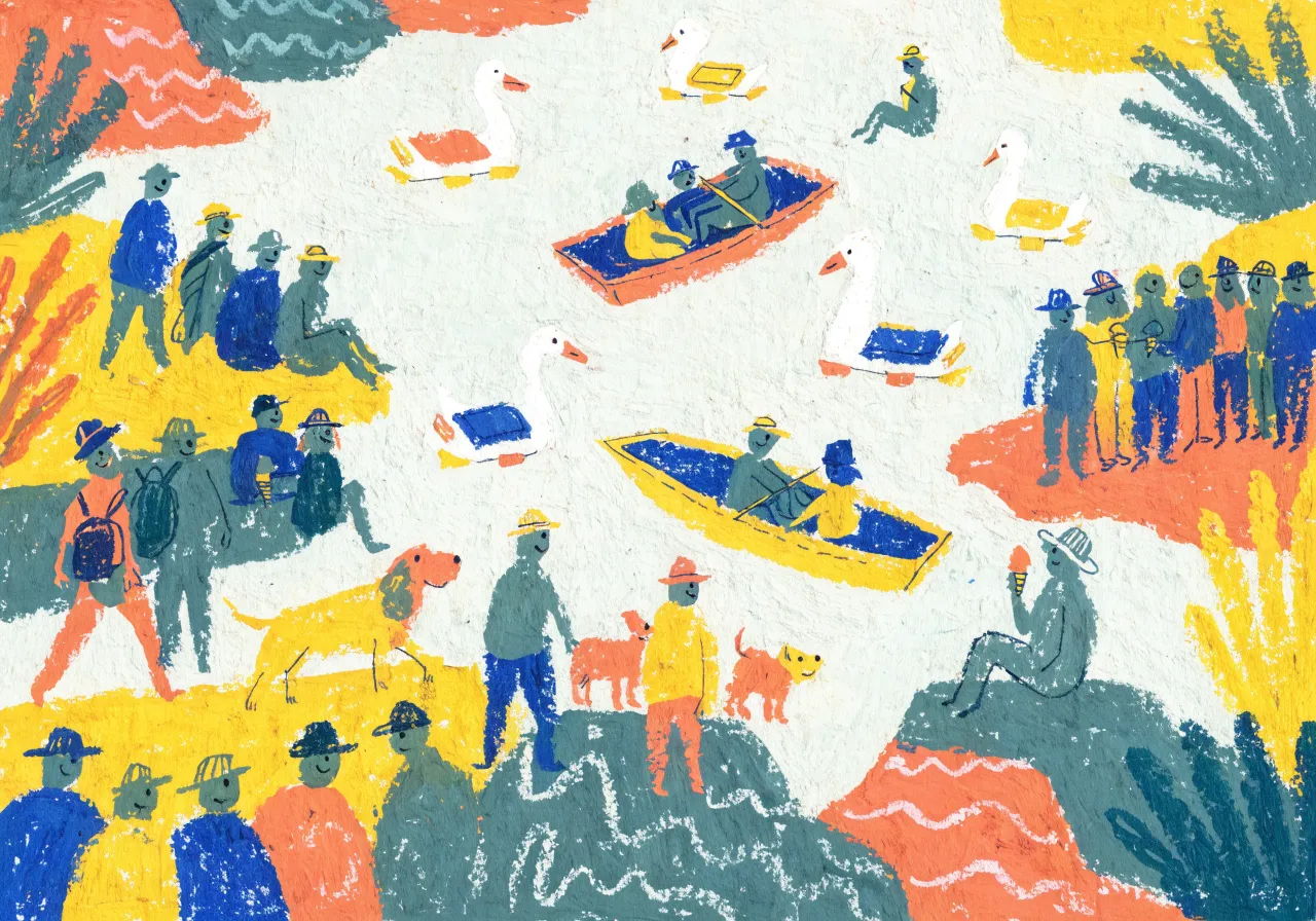 Illustrated print of people boating and walking dogs by a lake