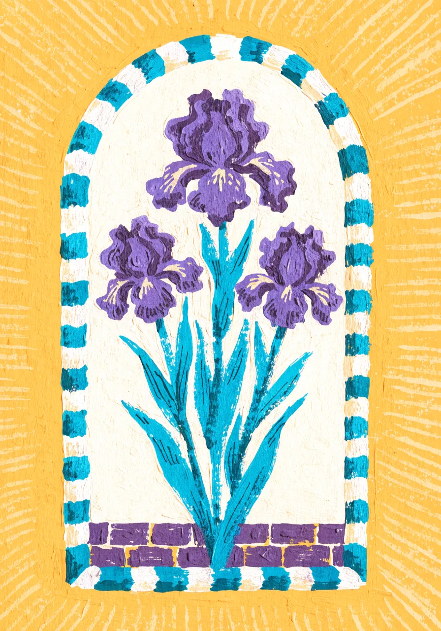Print of purple irises in an arched window