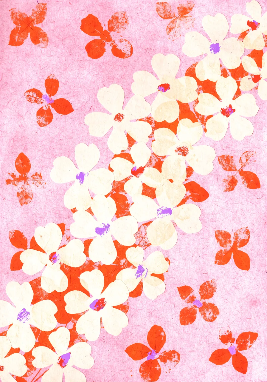 Print of white and red flowers on pink