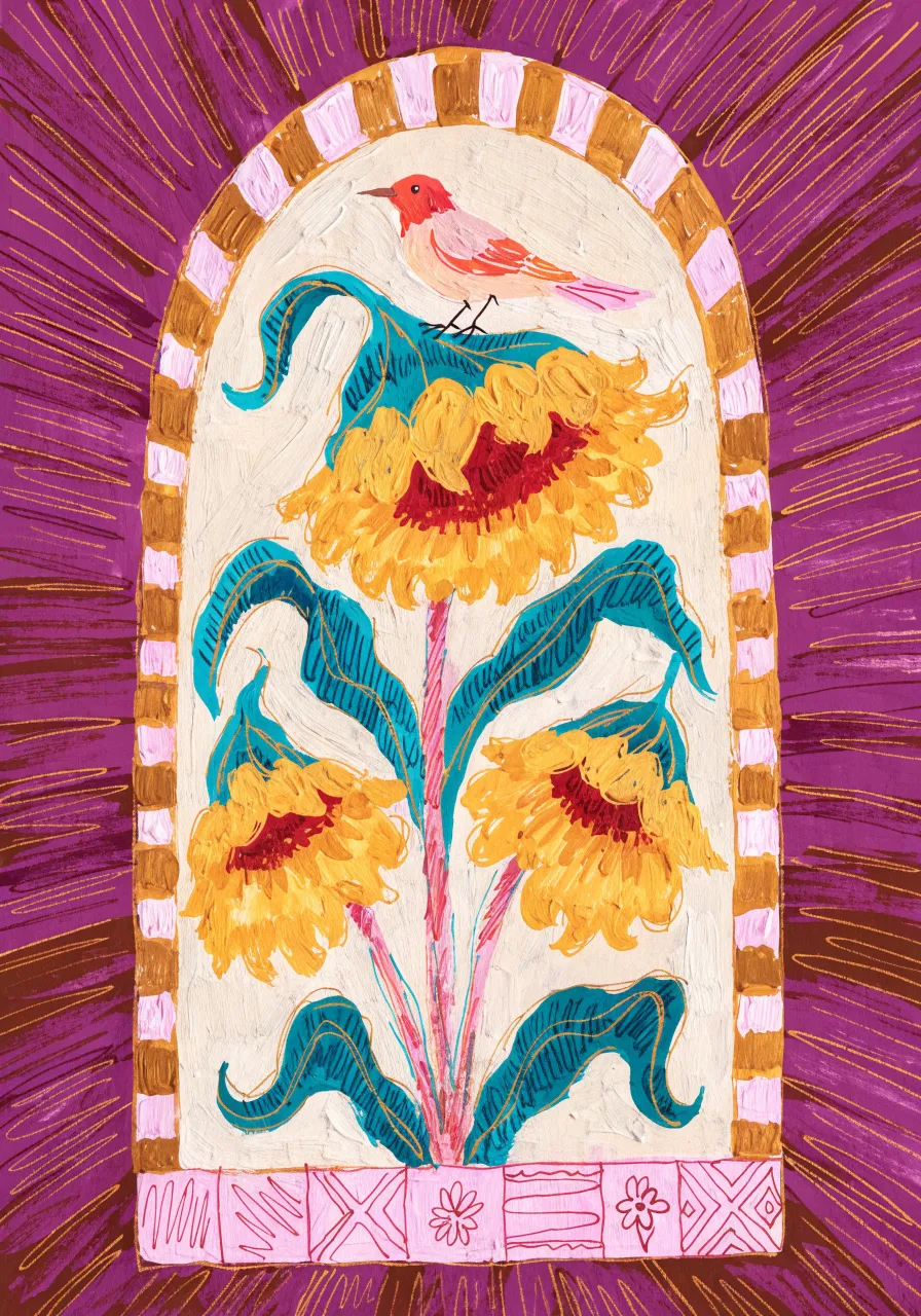 Print of sunflowers and a small bird in an arched frame