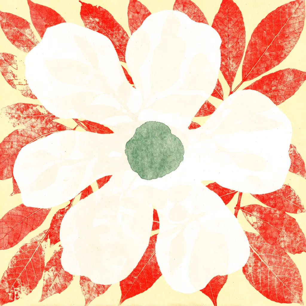 Print of a large white flower on red leaves