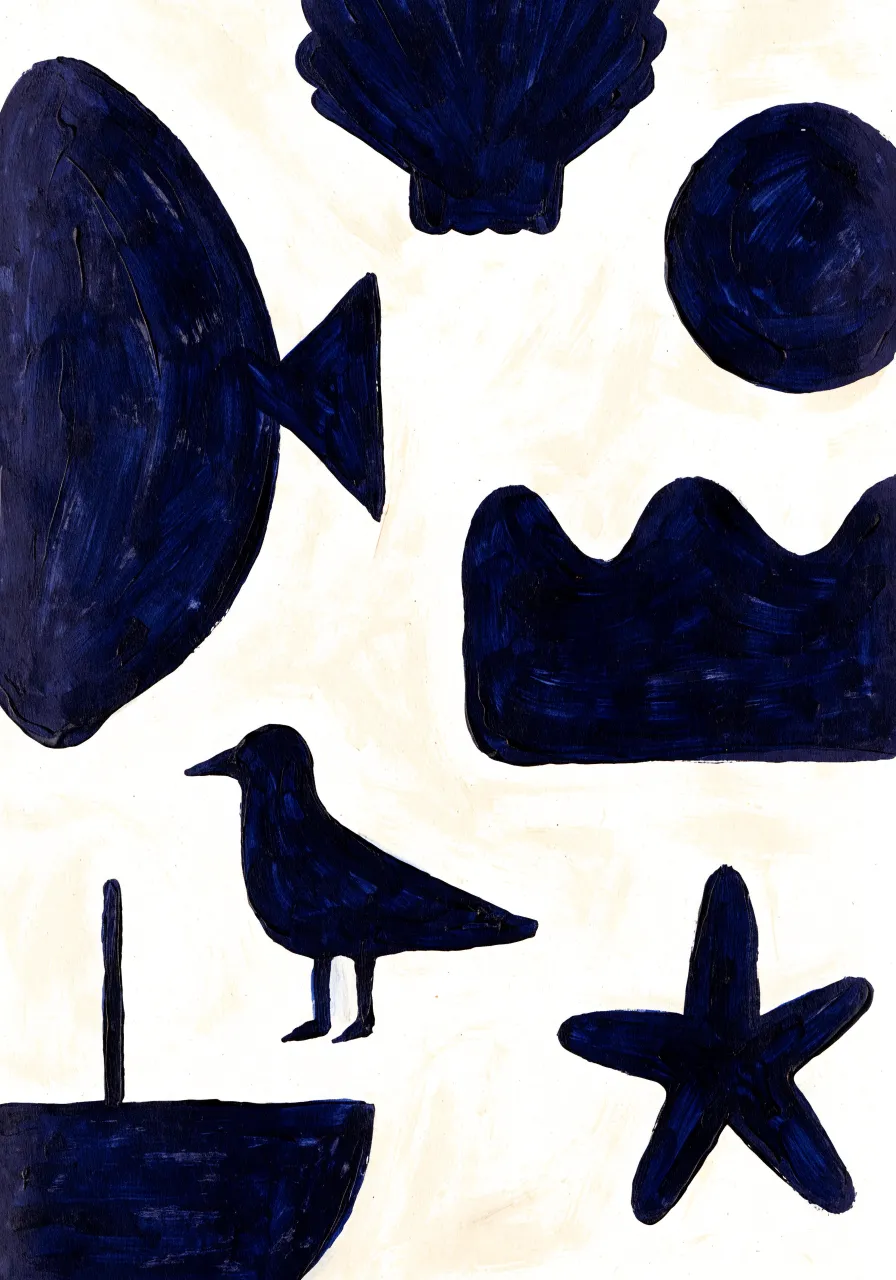 Print of navy shells, a fish, a starfish and a seagull