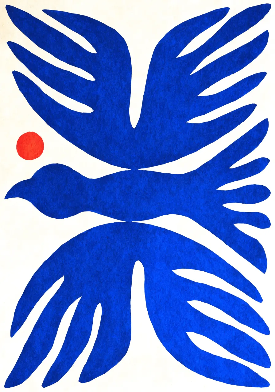 Print of a cobalt blue bird beside a red sun