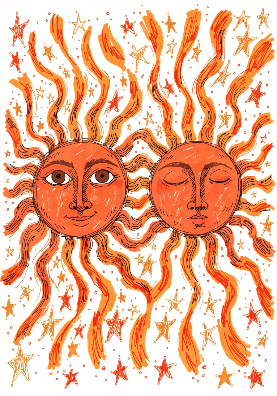 Print of two smiling orange suns