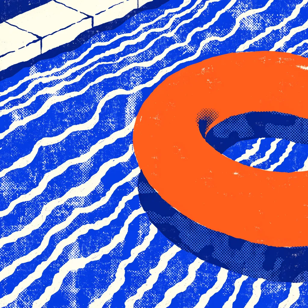 Print of an orange ring float on blue water