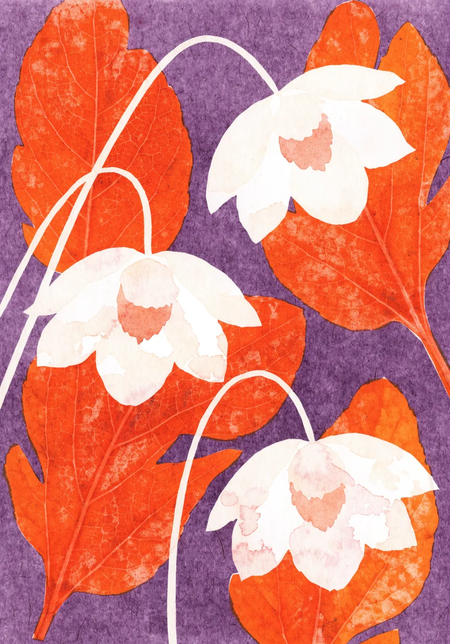 Print of white and orange flowers on purple