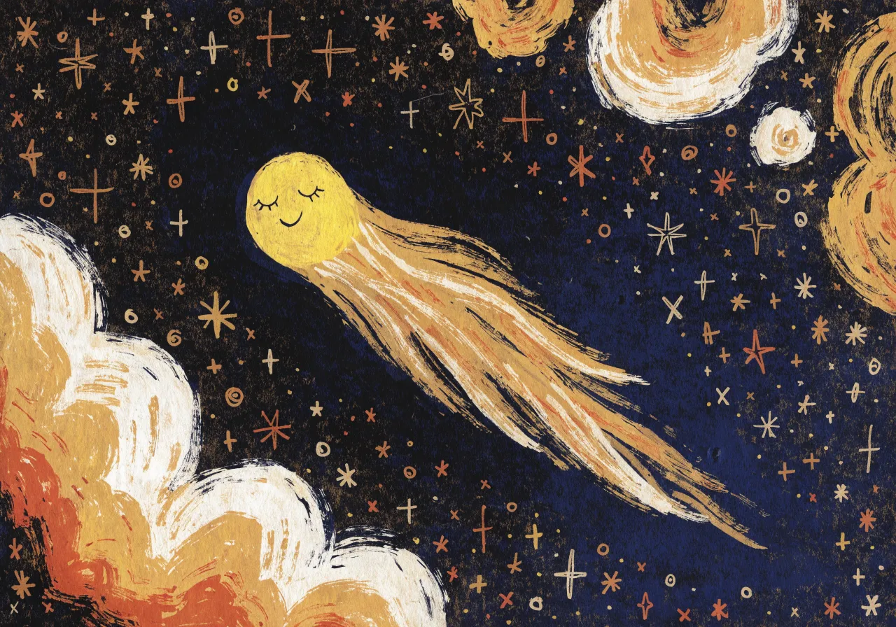 Smiling comet in a starry night sky