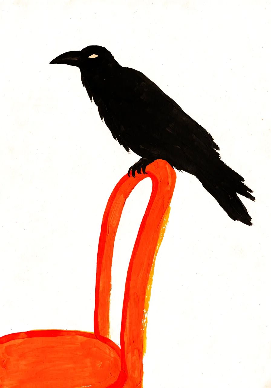 Crow perched on a red chair