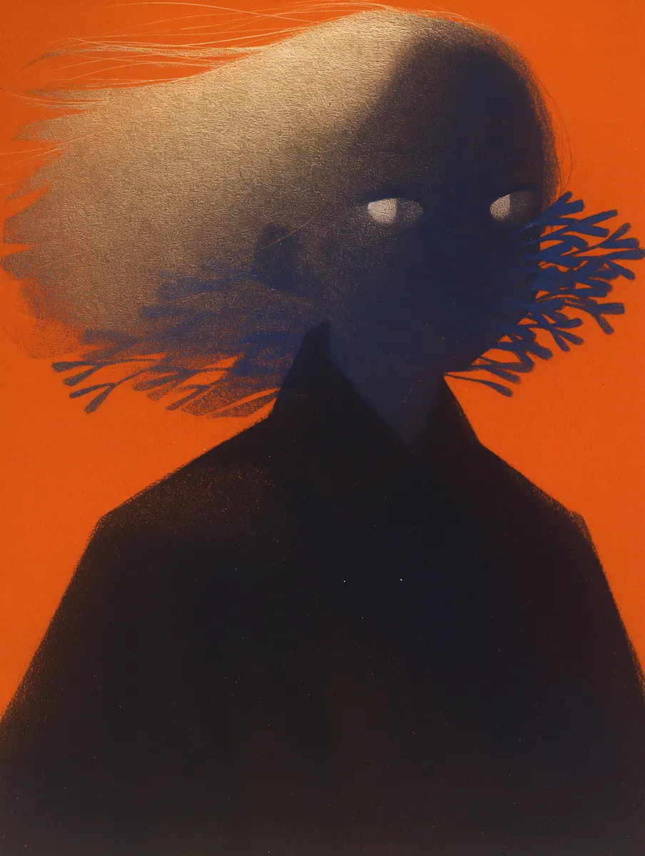 Dark silhouette against an orange glow