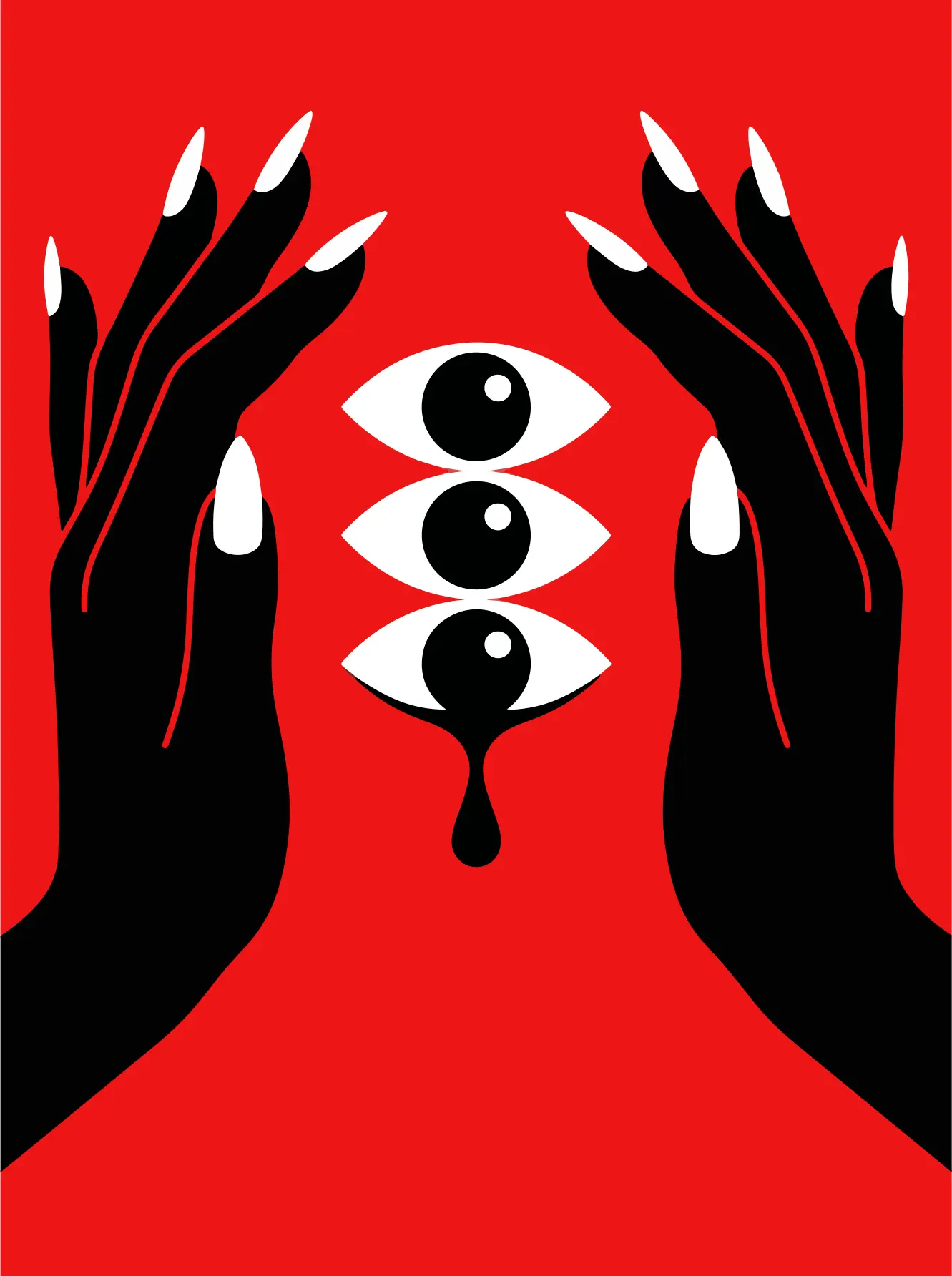 Print of two hands around three eyes on a red background