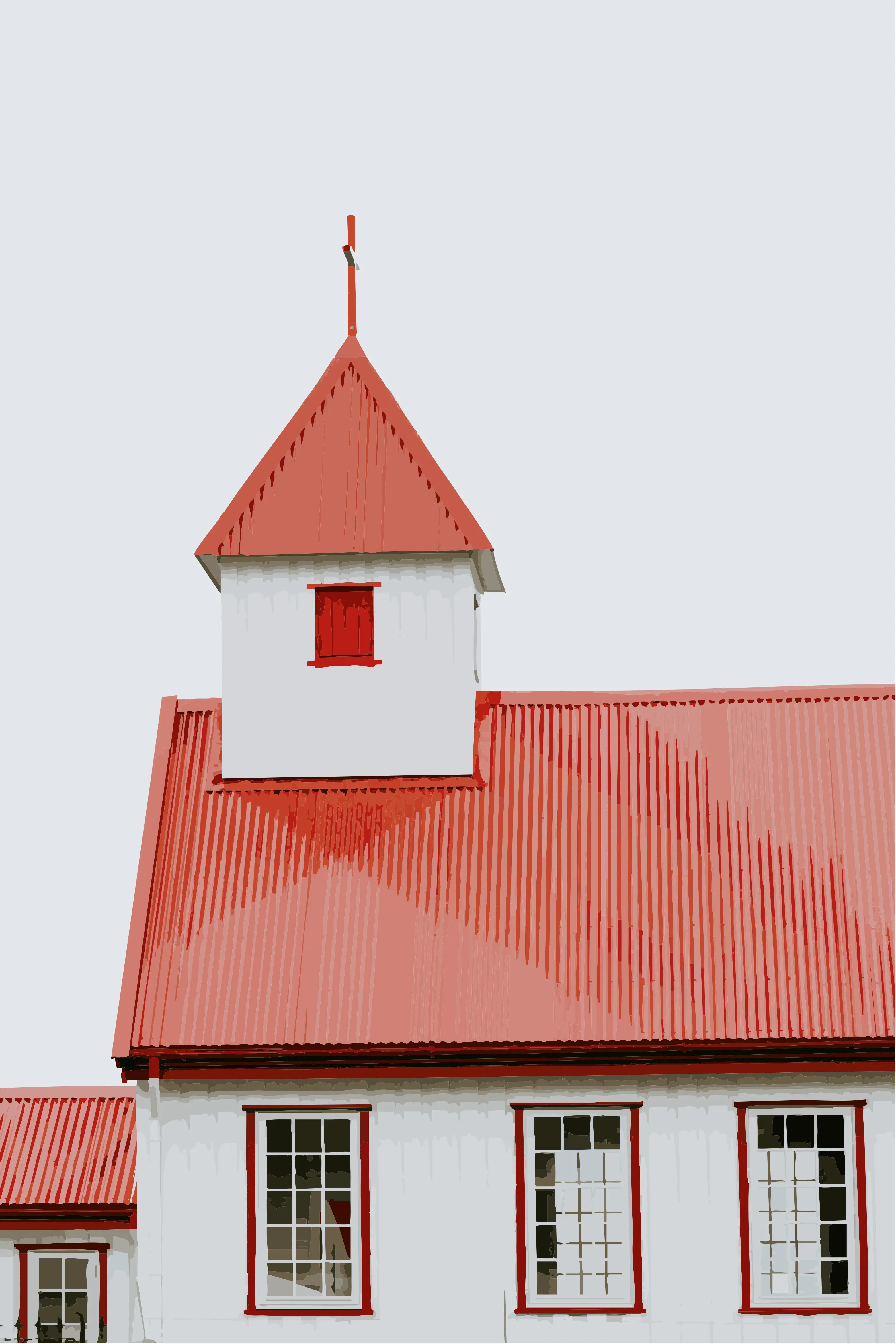 Red-roofed white chapel against a pale sky