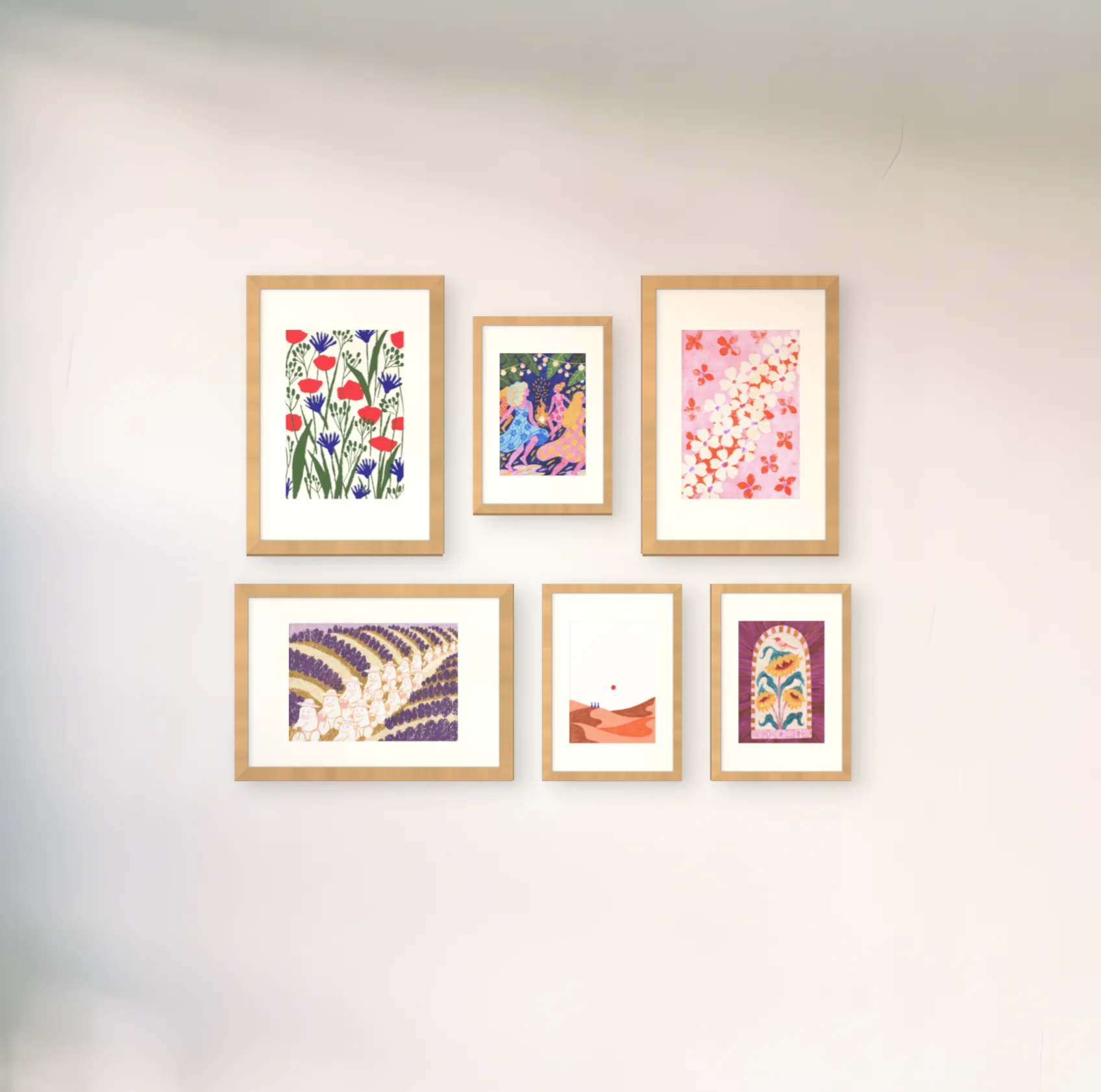 A six frame gallery wall in a living room, the frame sizes and the count already worked out