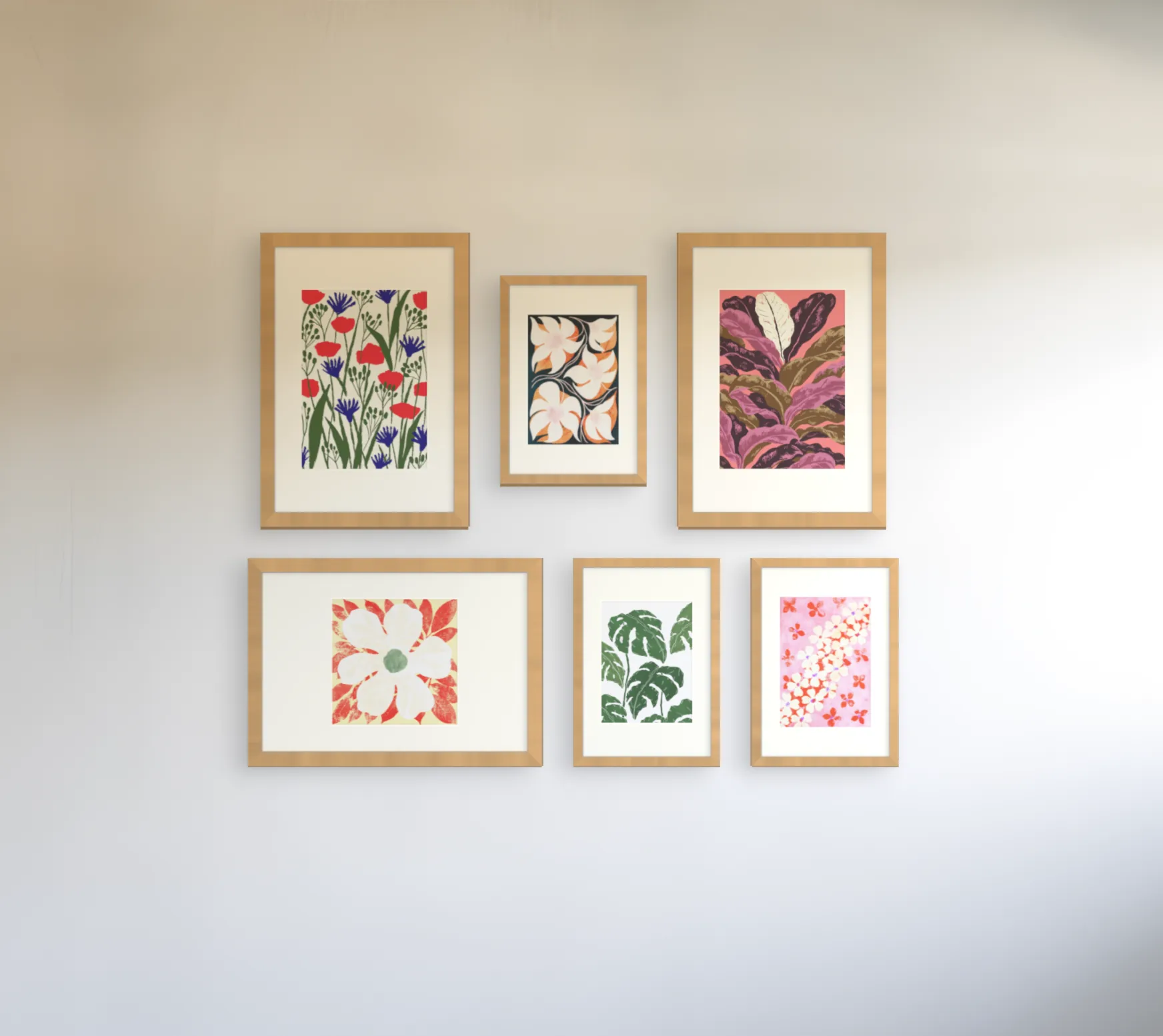 Botanical gallery wall template: six framed botanical prints in a salon arrangement on a hallway wall