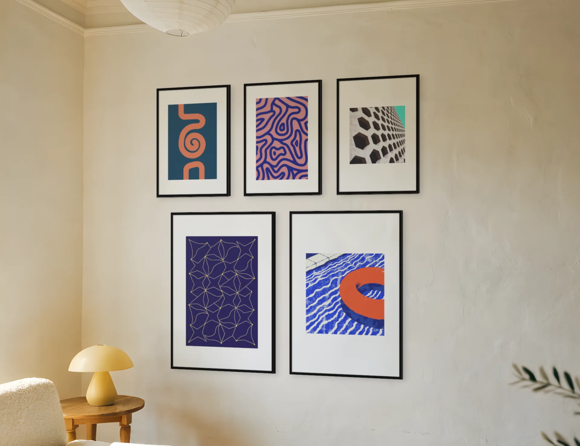 Abstract gallery wall template: five large abstract prints on a living room wall