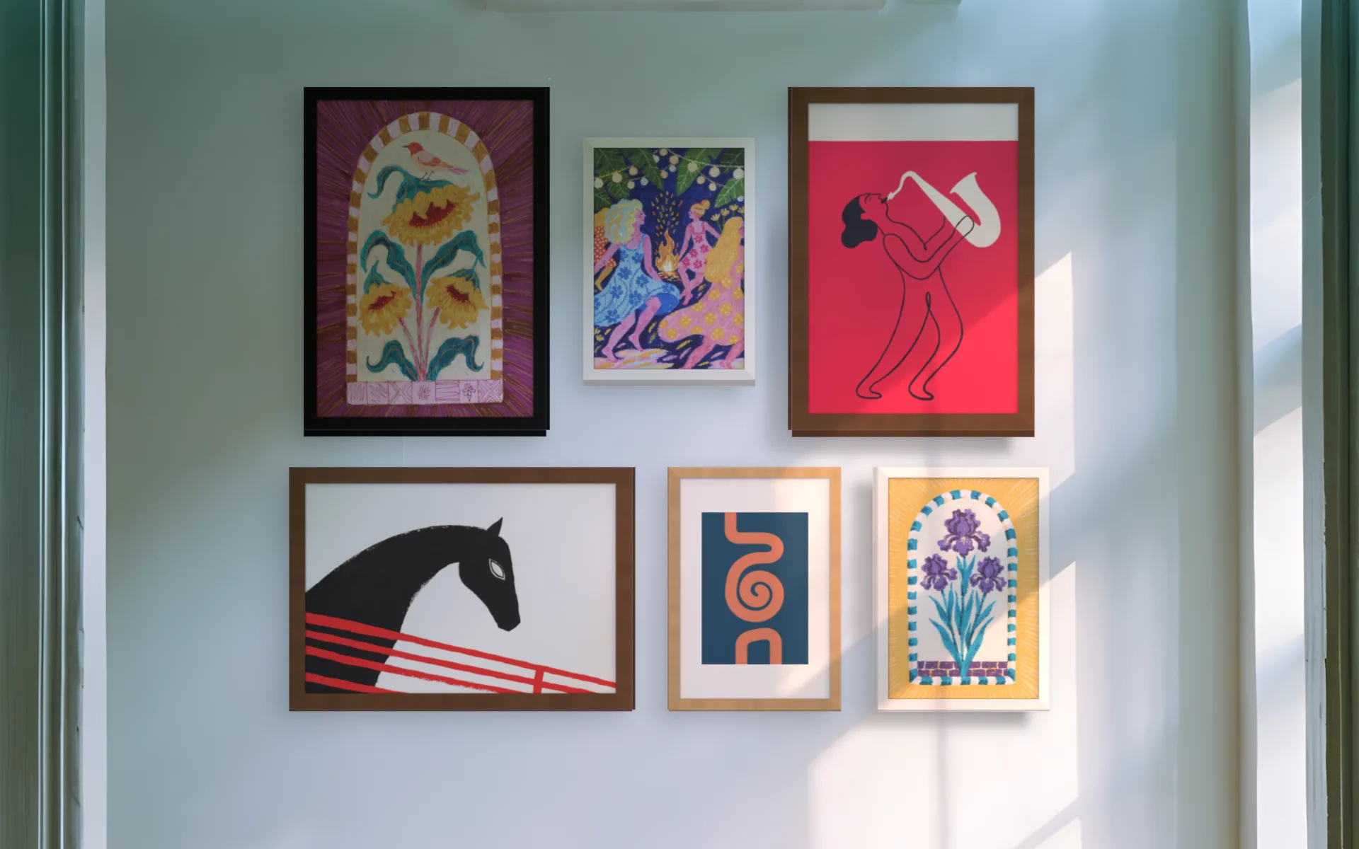 Eclectic gallery wall template: six mixed frames in a salon arrangement on a hallway wall