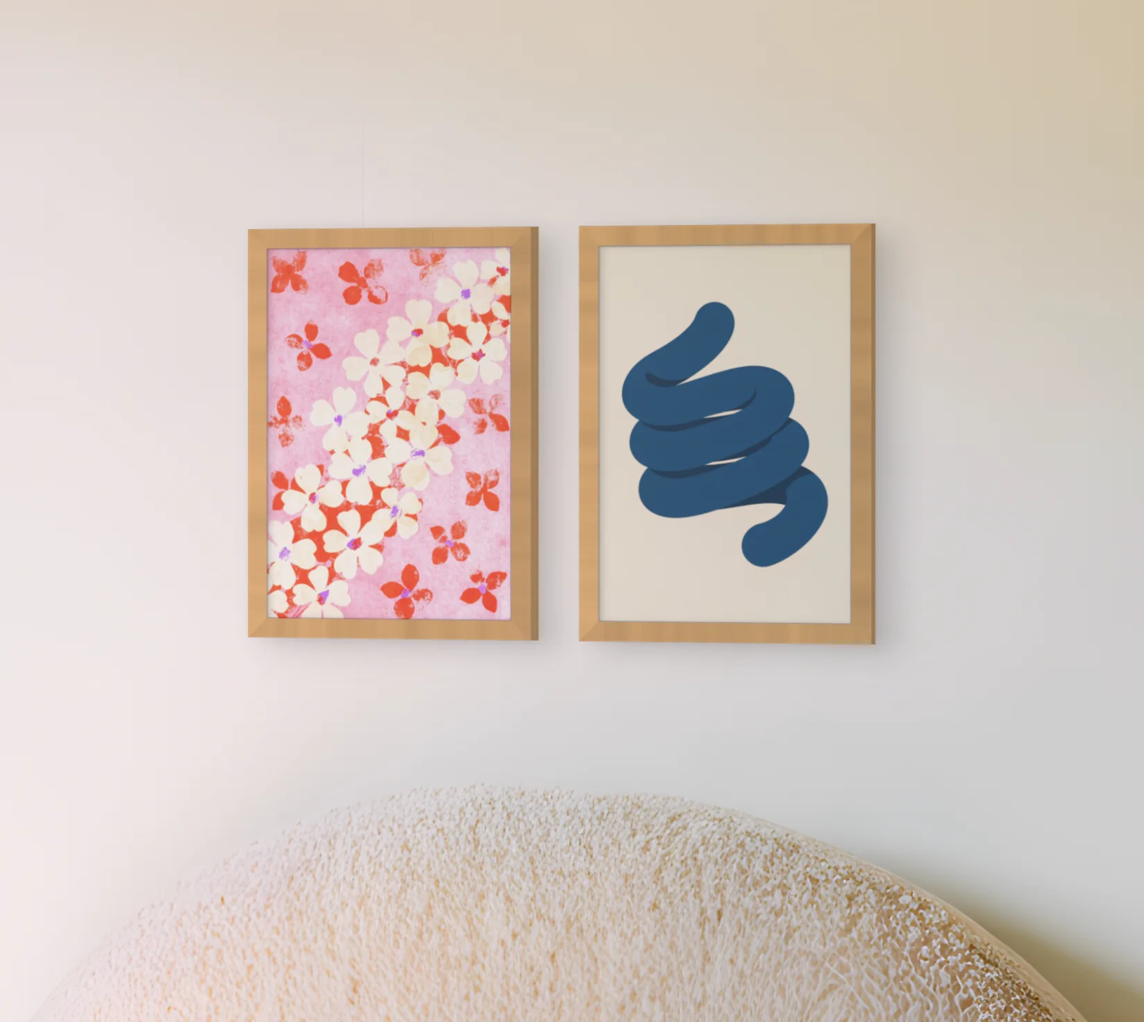 Japandi gallery wall template: two framed prints side by side above a bed in a bedroom