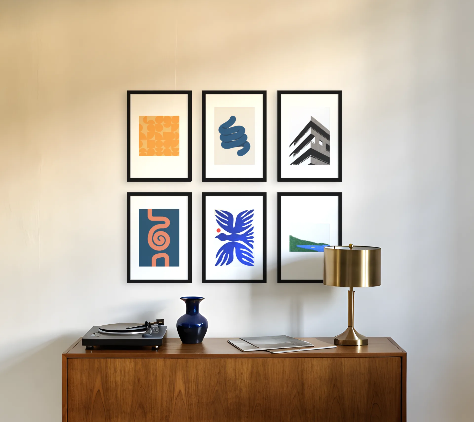 Mid-century gallery wall template: six framed prints in a grid above a sideboard in a living room