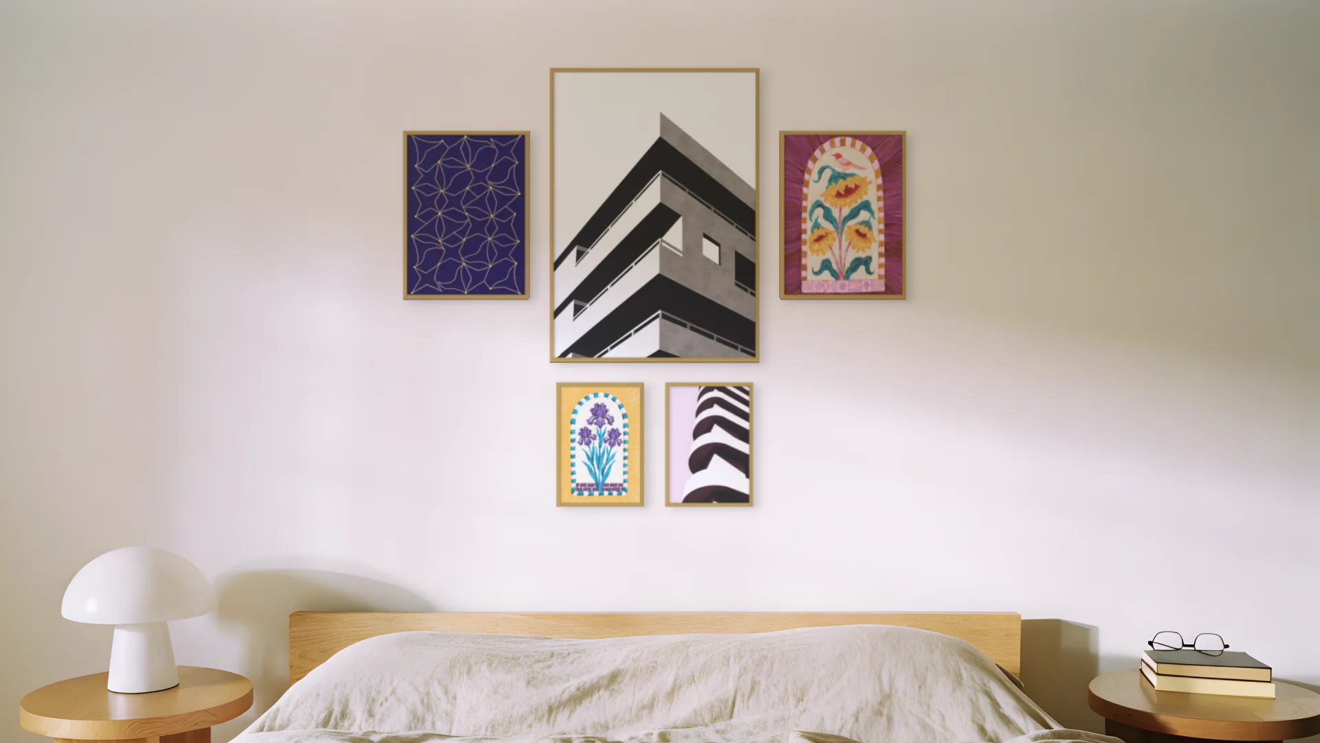 Art Deco gallery wall idea: five prints in brass frames in a symmetric layout above a bed in a bedroom.