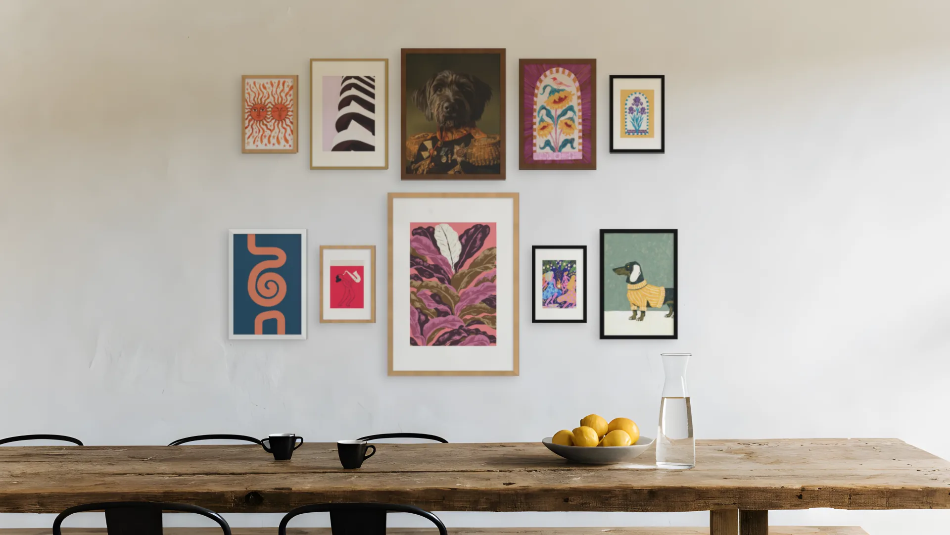 Maximalist gallery wall idea: ten framed prints in a grand salon arrangement above a dining table in a dining room.