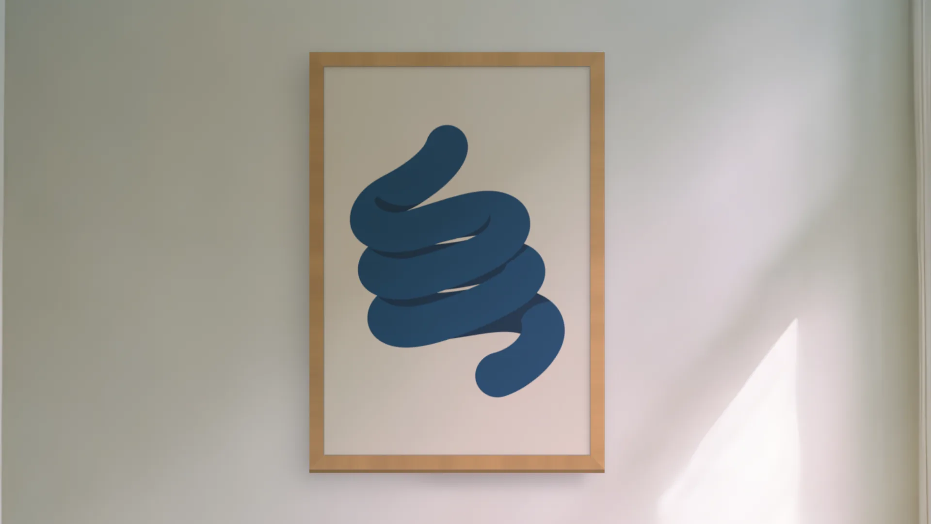 Japandi gallery wall idea: one print in an oak frame on a hallway wall.