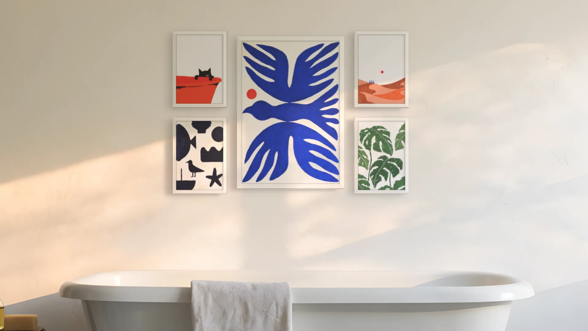 Bathroom gallery wall idea: five prints in white frames in a centred layout above a bath in a bathroom.