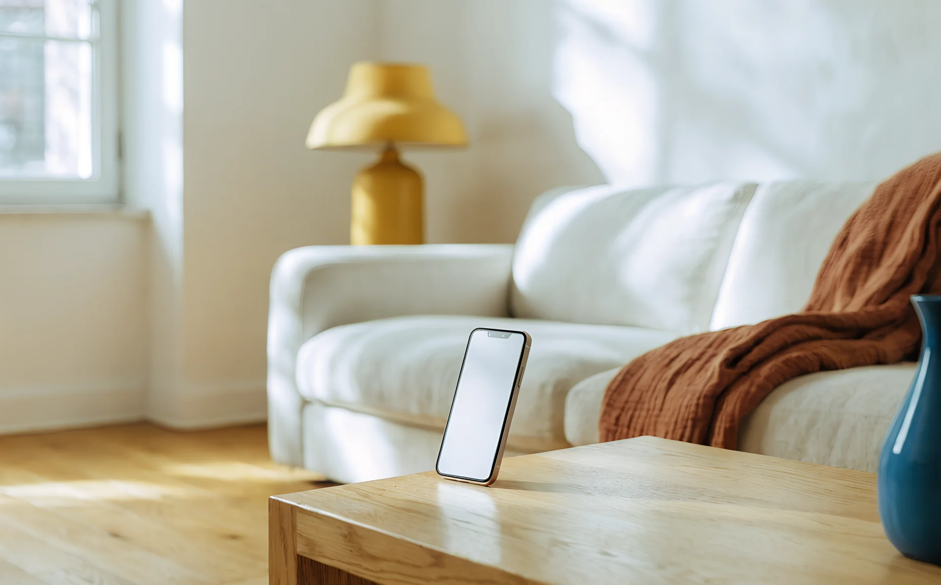 A phone standing on a coffee table in front of a cream sofa and an empty wall